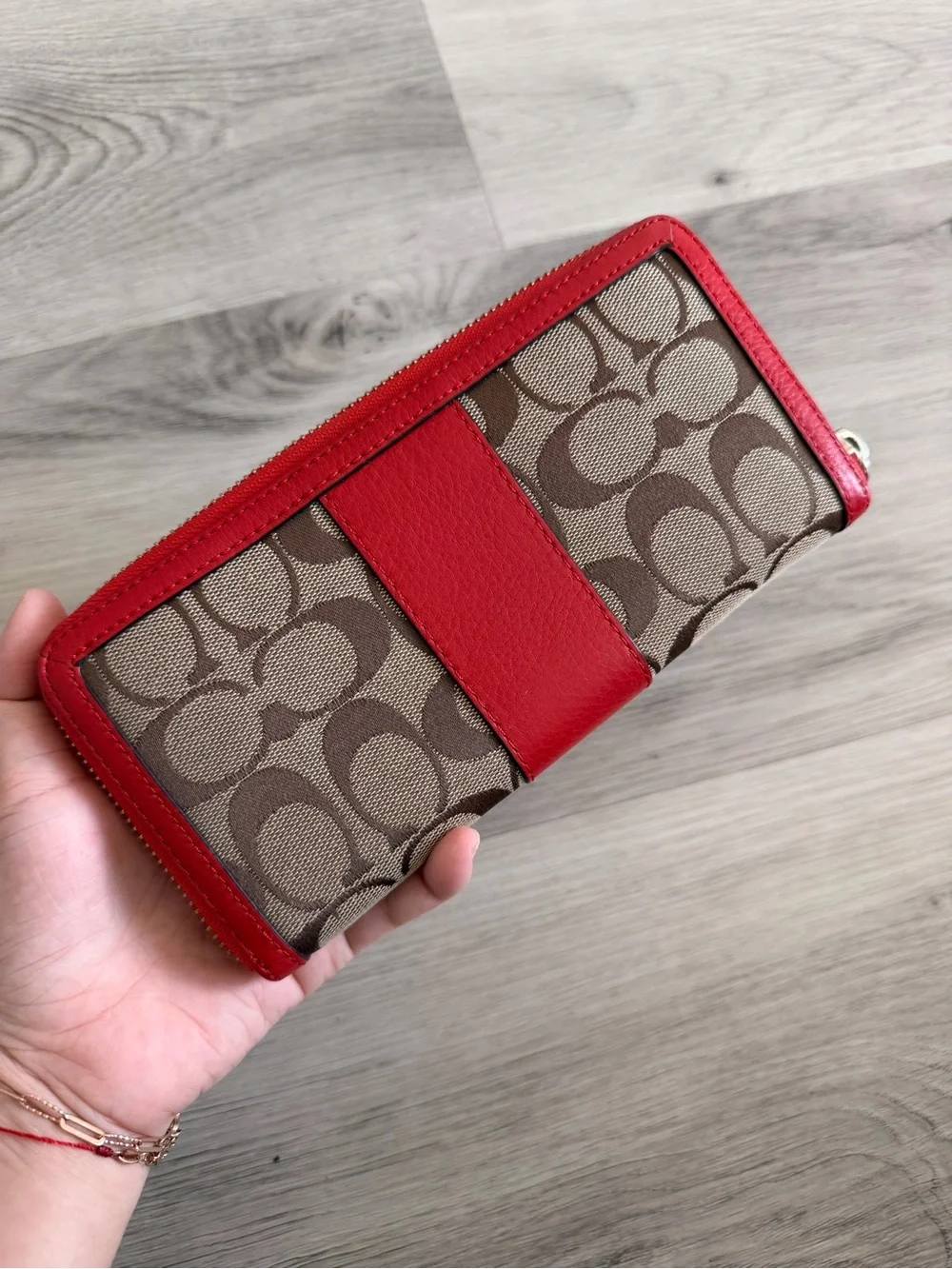 Coach Brown Signature Canvas Wallet with Red Trim